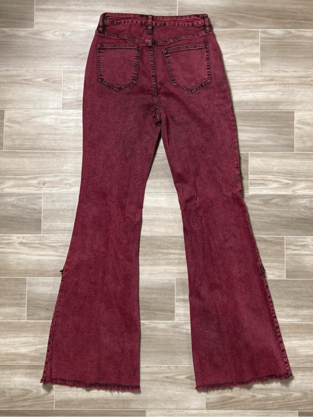 Fashion Nova Maroon Acid Wash Distressed Flare Jeans - Picture 2 of 8